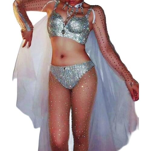 Sparkly Diamonds Women Bra Shorts Nightclub Pole Dancing Costumes DJ Singer Performance Stage Wear Evening Prom Outfits