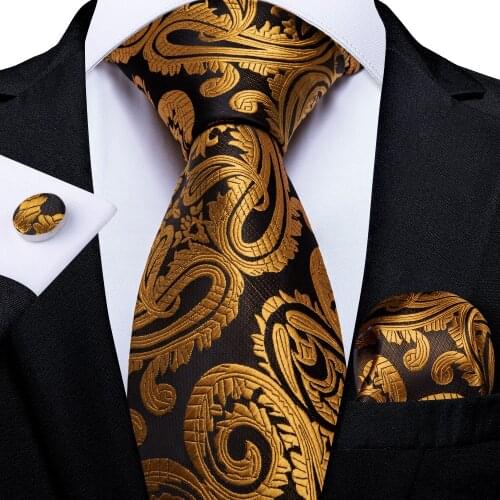 DiBanGu Mens Necktie Gold Brown Pasiley Designer Silk Wedding Tie For Men Necktie Hanky Cufflinks Tie Set Business Party MJ-988