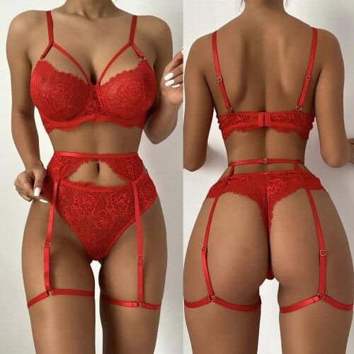 Red Lace Bra Thong Lingerie Set with Garter Erotic Lingerie Woman Sexy Underwear Transparent Sexy Costume Lenceria Sensual Mujer