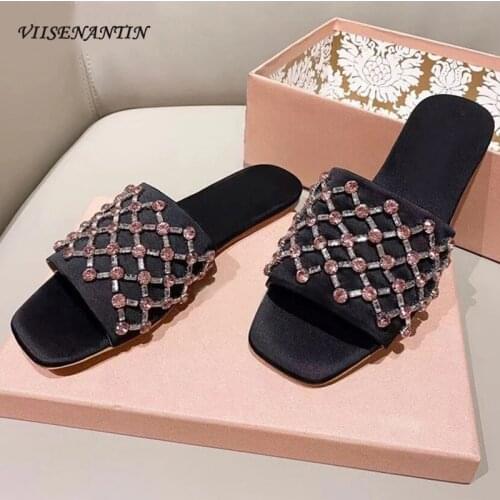 Summer square toe open toe gentle casual all-match crystal satin pink black fashion flat high heel sandals and slippers women