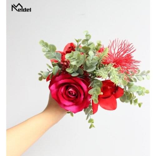 Meldel Red Silk Rose Flowers Artificial Bouquet DIY Decor Floral Bouquet for Wedding Arrangement Home Dinning Table Decor Flower