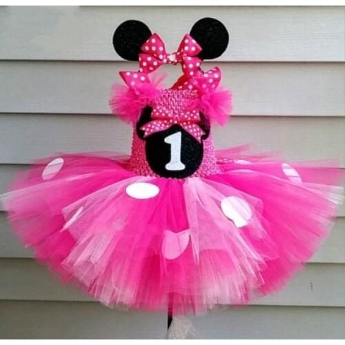 Cute Girls Pink Mickey Tutu Dress Baby Crochet Tulle Dress with White Dots and Hairbow Kids Birthday Party Cartoon Cosplay Dress