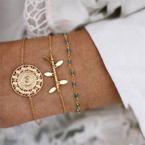 3 Pcs/set Women Fashion Bracelets Gems Beads Leaf Geometry Pendant Gold Chain Bracelet Set Bohemian Retro Beach Jewelry