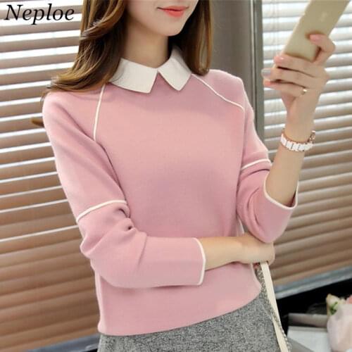 Neploe 2021 New Doll Collar Sweater Women Contrast Color Patchwork Pullover Long Sleeve Fashion Bottoming Sweaters Jumper 37230
