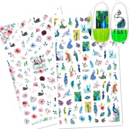 Newest F581 peacock design nail sticker art 3d back glue nail decals template DIY decoration tools for nail accessory