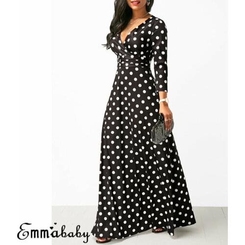 Autumn Women Polka Dot Long Sleeve Maxi Dress Boho Ladies Sexy V Neck Slim Long Dress Fashion Ladies Dress