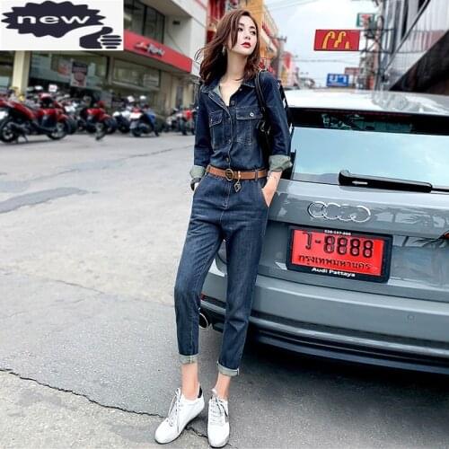 Autumn Women One Piece Denim Jumpsuit Belted Slim Fit Ankle Length Casual Cargo Overalls Fashion High Street Ladies Jean Rompers