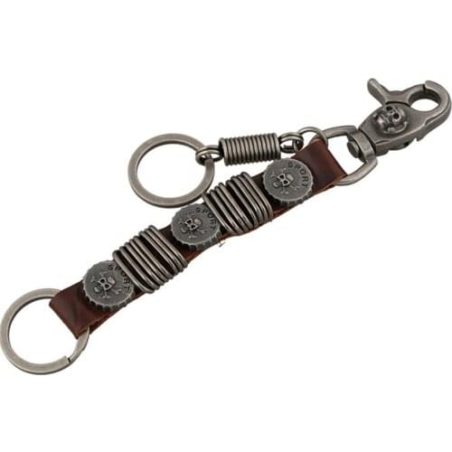 Punk Rock Gothic Men Metal Skull Keychain Pants Accessories for Bag Holder Vintage Genuine Leather Skeleton Car Keyrings Jewelry