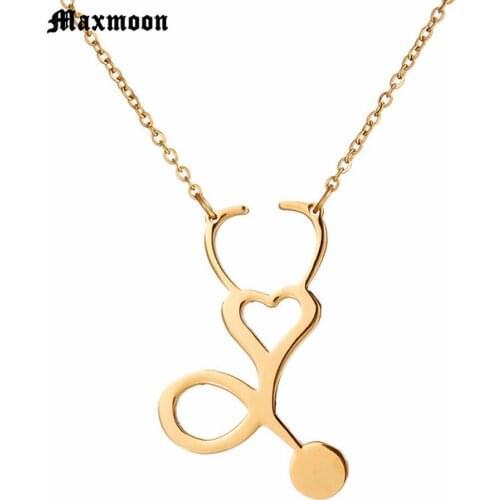 Maxmoon Stethoscope Necklace Lariat Heart Pendant Rose Gold/Gold/Silver Color Nurse Medical Necklace Collares Bijoux Femme