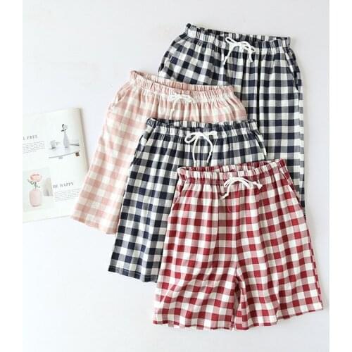 Manufacturer Directly Sells Lovers' Summer 100% Cotton Plaid Home Pants Elastic Waist Sleep Bottoms Women and Men Pajama Shorts