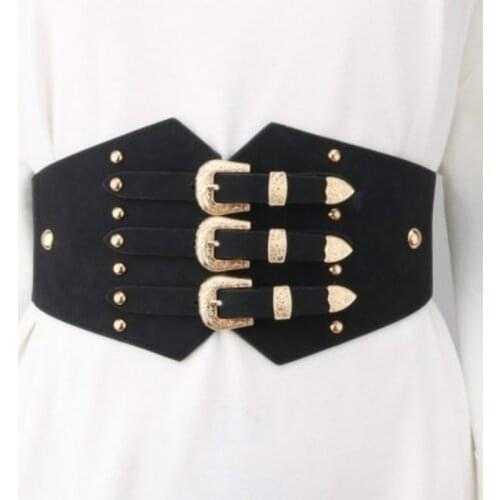Women Personalized Gold Rivet Wide Waistband Three Row Buckle Belt Dress Decorative Super Band Elastic Fashion Black