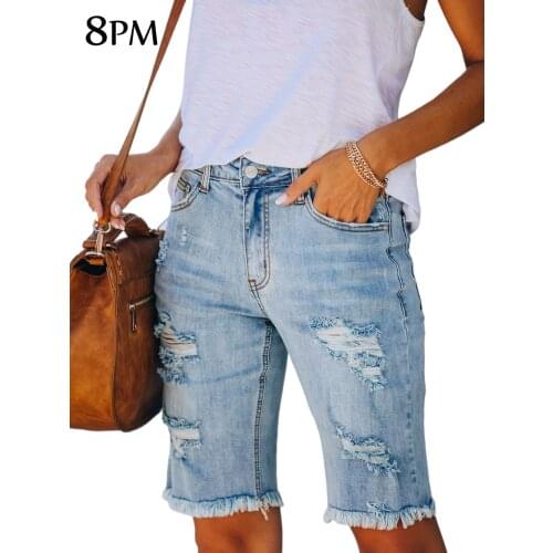 Blue Destroy Ripped Denim Shorts Women2021Summer Casual Stretch High Waist Shorts Basic Pockets Tassel Midi Shorts Jeans ouc1040
