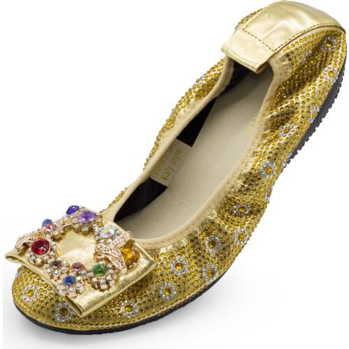 Top Sale African Women Flats Rhinestone Bowtie Decoration Roll Up Flat Shoes for Party Soft Flexible Female Shoes for Lady Girl