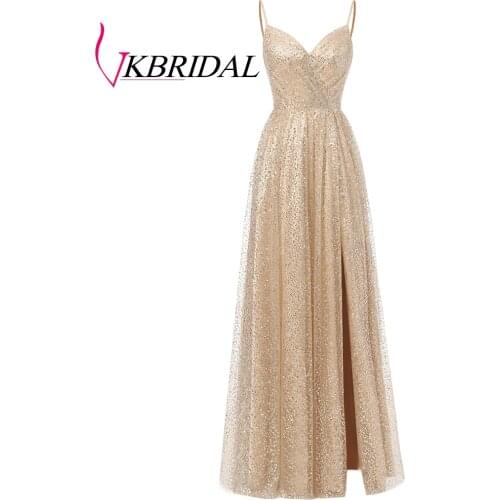 Vkbridal Gold Sequin Prom Dresses 2020 New Sparkly High Slit Graduation Dress Spaghetti Strap Homecoming Party Gowns Long