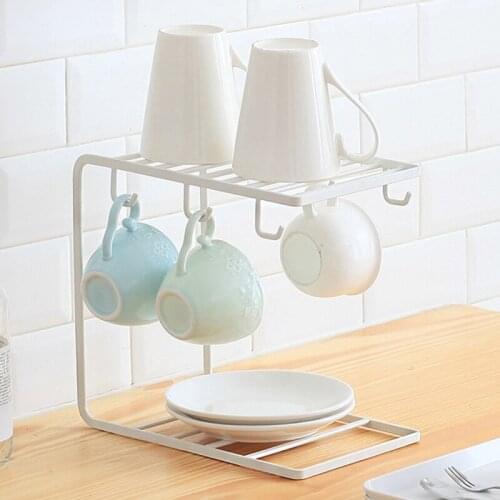 Iron Kitchen Drain Drying Holder with 6 Cup Hooks Bowl Dish Storage Rack Shelf QX2E