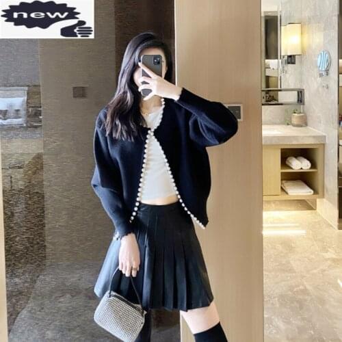 Open Stitch Coat Women Elegant Pearls Short Jacket Sweet Puff Sleeve O-Neck Knitting Cardigan Outerwear Autumn Female Tops Coats