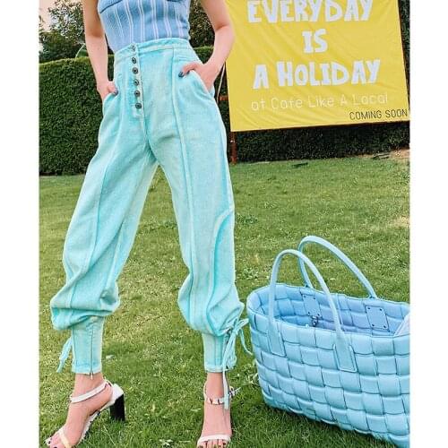 Designer High Street Women Summer Spring Denim Empire Trousers Lace Up Pants Jeans Fresh Color Punk Trousers Pants SY074