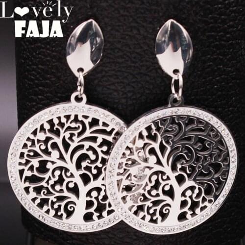 Fashion Tree of Life Crystal Stainless Steel Stud Earrings Women Silver Color Big Earring Jewelry aretes de mujer E612738S03