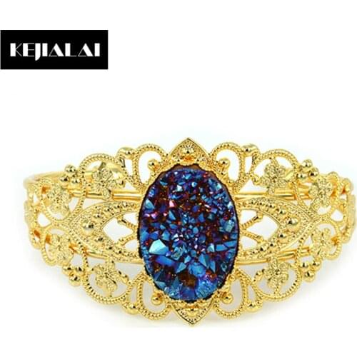 Druzy Romantic Copper Vintage Bangle for Women Jewelry Natural Stone Cuff Bracelet Colorful Quartz Birthday Gift