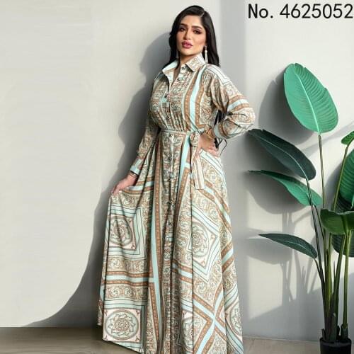 Long Shirt Dress for Women Fall 2021 Vintage Ethnic Print Dubai Turkey Arabic Oman Morocco Middle East Muslim Clothes