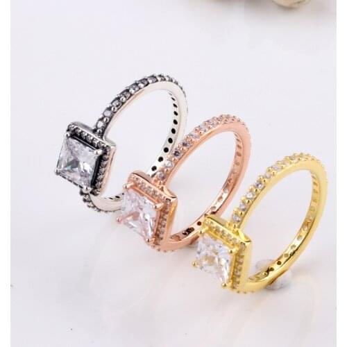 Authentic 925 Sterling Silver Square Pandora Rings CZ Crystal Ring For Women EuroPean Original DIY Jewelry