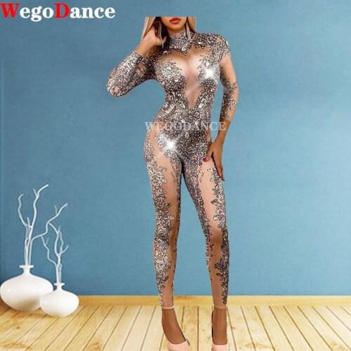 Womens Sexy Rhinestones Bodysuit Stage Outfit Female Singer Gray Leggings Nightclub Nude Crystals Costume Dance Jumpsuit