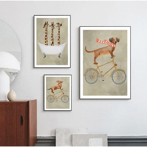 Canvas Painting Animal Wall Art Dachshund On Bicycle Posters and Prints Wall Giraffes Pictures for Living Room Decor Home Decor