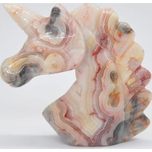 2" Unicorn Statue Crazy Agate Natural Stone Carved Home Decoration Healing Crystal Reiki Figurine Spiritual Gemstone Omament