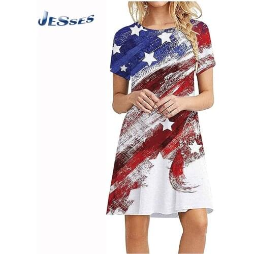 2021 High Street Style Dress American Flag Print Round Neck A-line Dresses Short Sleeve Ladies Dress Oversize 2XL Casual Vestido