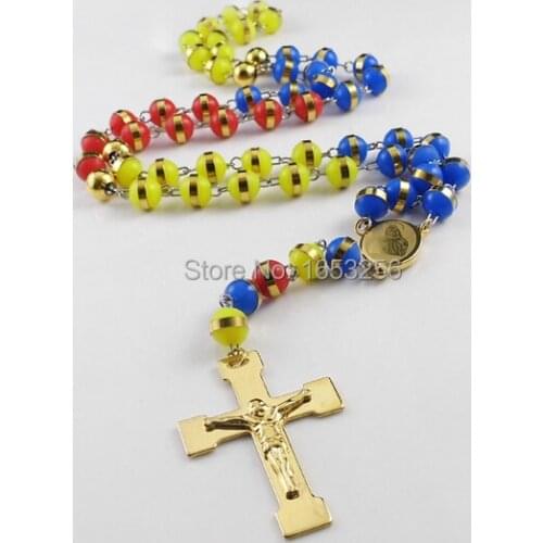 For Family Jewelry Gold Cross Stainless Steel Mens Womens 8mm colorful Acrylic Beads Rubber Rosary Chain Necklace 30" + 6"