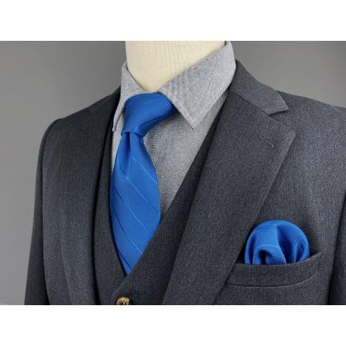 F27 Blue Striped Men Neckties Set Classic Fashion Ties for Male Extra Long Size Pocket Square Skinny Slim Gravatas