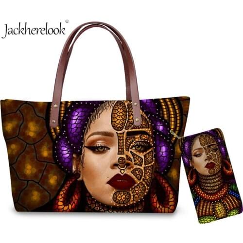Jackherelook Ladies Large Hand Bag With Purse, Colorful African Queen Girl Black Art Prints Womens Handbags & Leather Wallet
