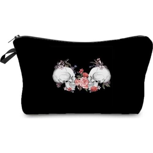 Beautiful Cool Makeup Bag New Fashion Small Toiletry Bag Halloween High Quality Candy Bag Skull Floral Print Black Cosmetic Bags
