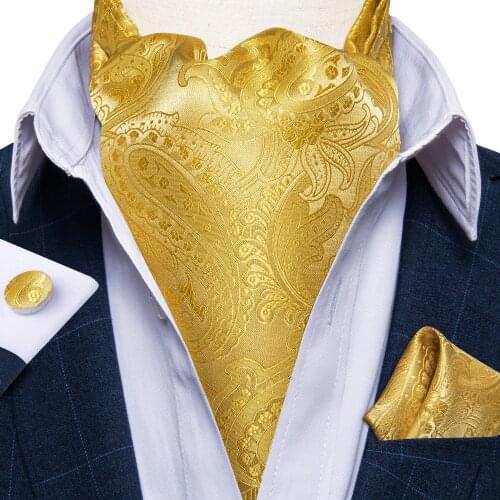 Men Vintage Ascot Tie Luxury Gold Paisley Floral Wedding Party Silk Cravat Necktie Pocket Square Cufflinks 3pcs Set DiBanGu