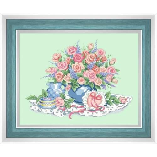 Rose love cross stitch kit flowers 14ct light green canvas fabric cotton thread embroidery DIY handmade needlework