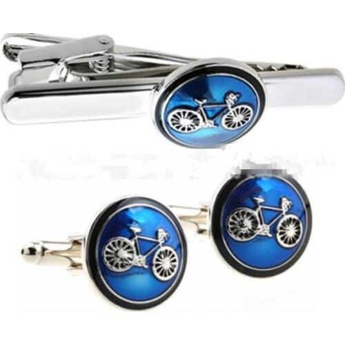 Newest Fashion Cufflinks&Tie Clip Set Blue Bicycle Cuff Links+Tie Clip Bar Pin Set Bike Design Cufflinks Men Gift Jewelry 5sets