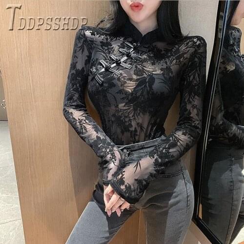 2019 Retro New Sexy Transparent Women T Shirt Slim Lace Temperament Female Tee Shirts