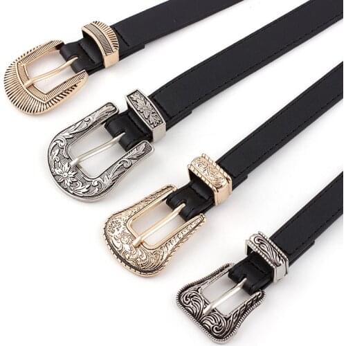 2020 new ladies belt European and American explosions double buckle three-piece belt retro carved double head buckle wild belt