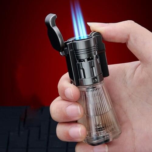 New Direct Charging Air Lighter Metal Windproof Personality Grinding Wheel Three Fire Blue Flame Lighter Transparent Air Box