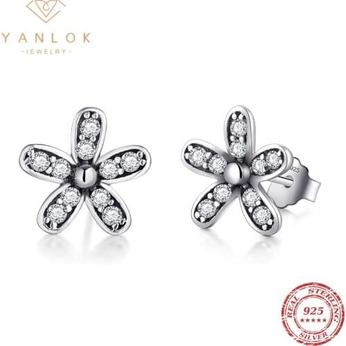 YANLOK 925 Sterling Silver Elegance Daisy Stud Earrings With White Shiny Clear Cubic Zirconia Sterling Silver Fine Jewelry