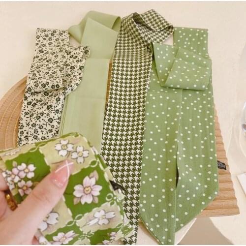 Luna&Dolphin Avocado Green Dot Plaid Long Scarf 90x5cm French Chiffon Satin Silky Feeling Hair Bag Ribbon Headbands Girl Choker