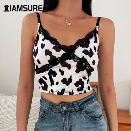 IAMSURE Streetwear Animal Cow Printed Lace Edge V-Neck Crop Tops For Women Casual Home Fashion Leisure Outfits Female Tank Tops