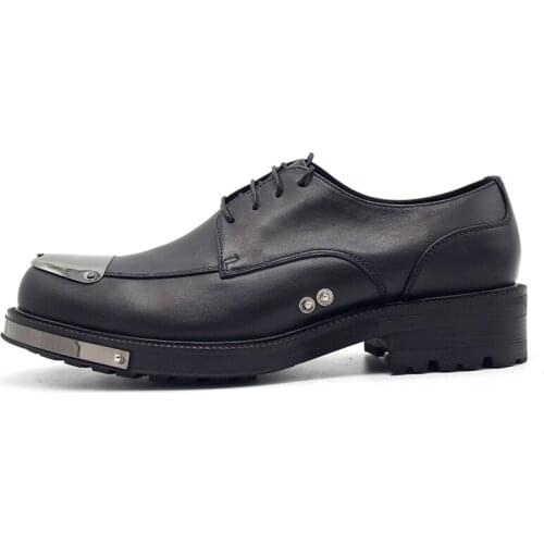 Derby Shoe Black Metal Wedding shoes Genuine Leather Mens shoes High Quality Lace up Formal Dress shoes for men