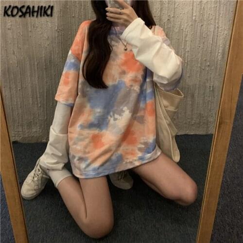 KOSAHIKI Japanese Long Sleeve T-shirt Women Fake 2 Piece Patchwork Tie Dye Top Atreetwear Casual Loose Harajuku T Shirts Femme