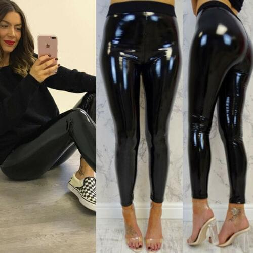 Women Ladies Vinyl PVC Wet Look Shiny Disco Elasticated High Waist Leggings Pant
