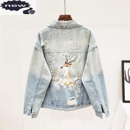 Women Embroidery Beading Denim Coat Hole Ripped Loose Preppy Style Short Jacket Spring Autumn Light Blue Retro Outerwear Female