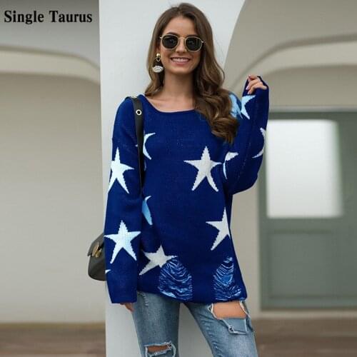 Female Korean Kawaii Sweater Long Sleeve O Neck Five-Pointed Star Casual Loose Sueter Mujer Knitted Jumper Sweater Pullover Top