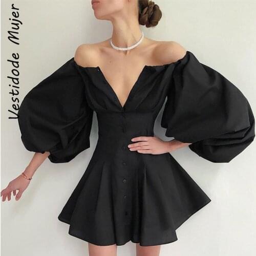 Vestidos Mujer Elegant High Waist Fit And Flare Women Dress 2021 White Off Shoulder Mini Dress Dress Black Lantern Sleeve Button