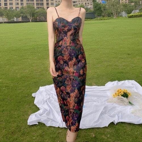 Bella Philosophy 2021 Summer Floral Print Strap Dress French Vintage Designer Chic Slim Dress Sexy Party Night Club Lady Dress