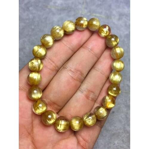 Genuine Natural Gold Rutilated Titanium Quartz Bracelet Brazil Women Men Crystal Reiki Stretch 9mm Round Bead Certificate AAAAA